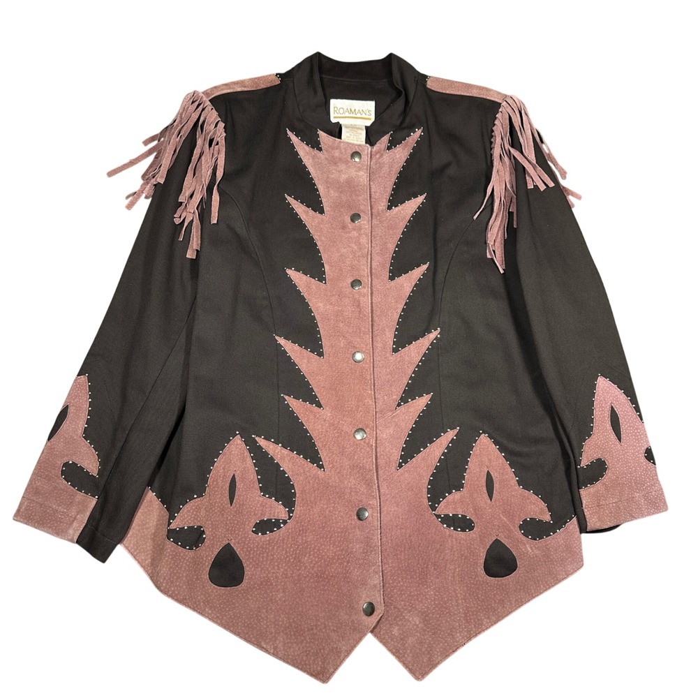 Roamans Western Fringe Jacket Mauve Pig Leather Trim Snap Western Rodeo Cowboy